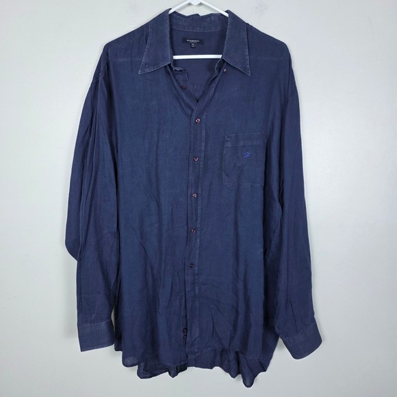 Burberry London Linen Button Down Long Sleeve Shirt Solid Blue Logo 45 - Picture 1 of 8